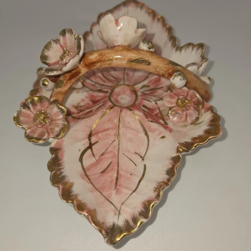 Vintage Italian Porcelain Pink Floral Gold Trimmed Trinket Dish